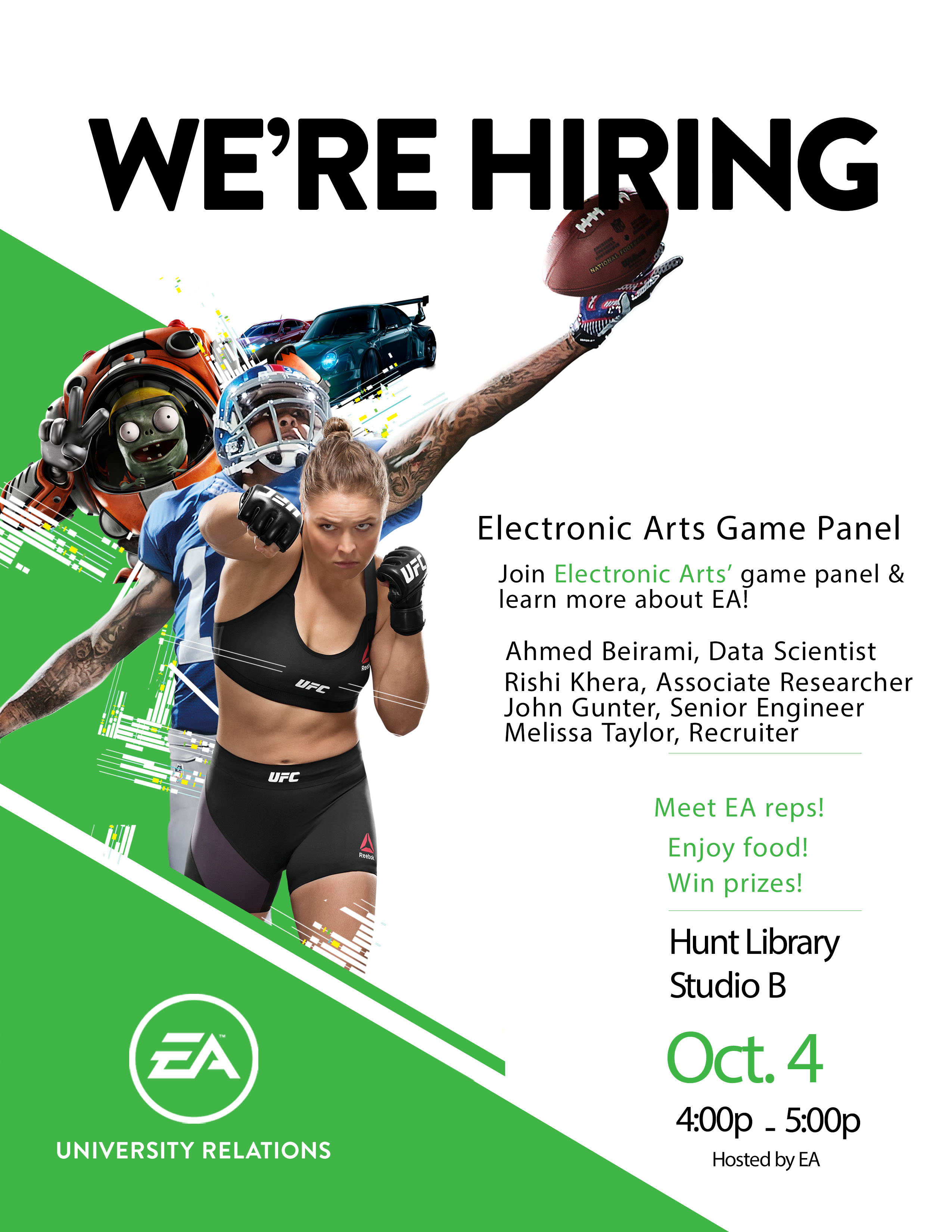 Flyer for Electronic Arts Panel depicting athletes and information on attendees